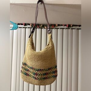 Cream & Colorful stripes  crochet bag with leather straps